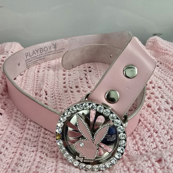 PLAYBOY Accessories - RARE Playboy Bunny Y2K Spinner Buckle & Belt Light Pink Medium Rhinestone